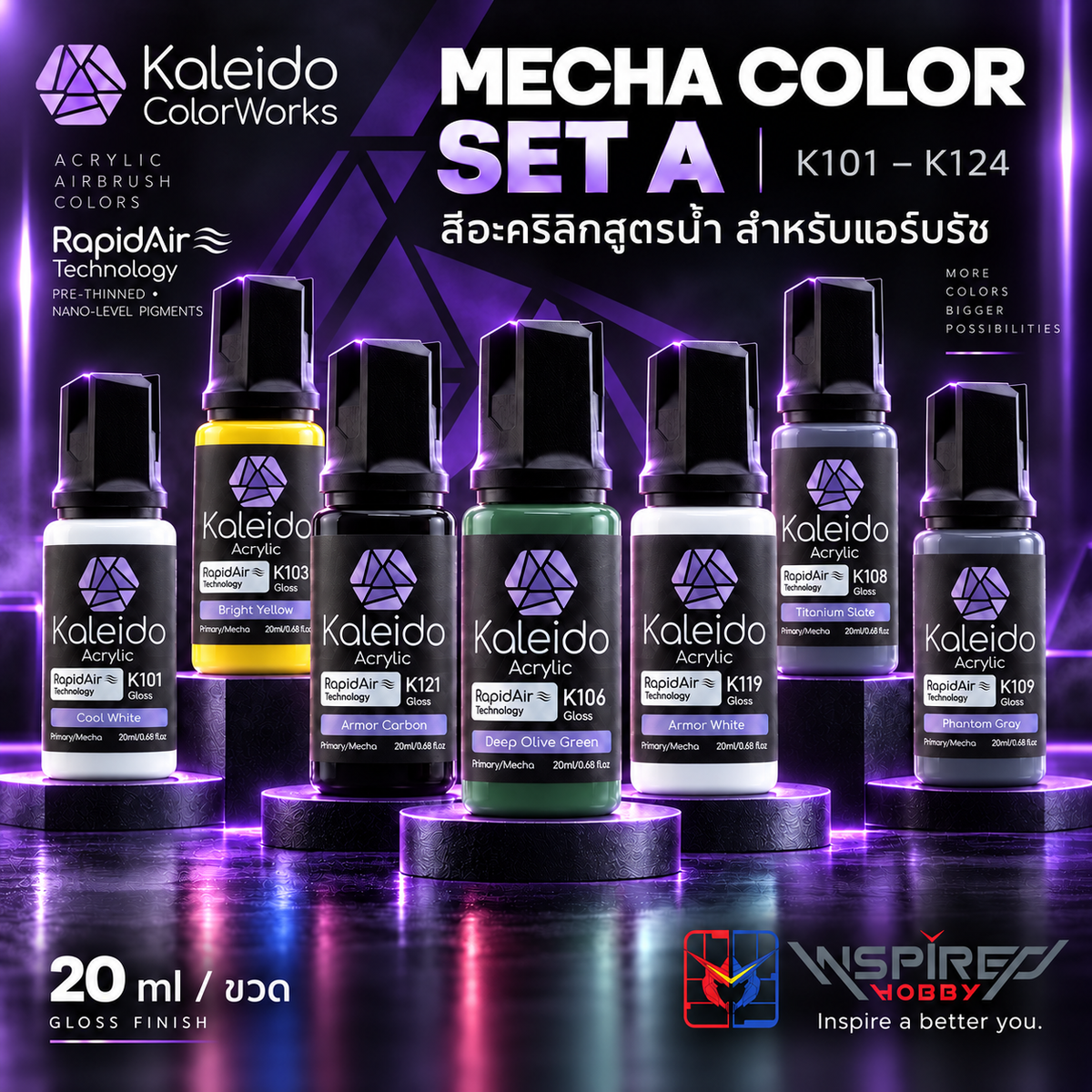 Kaleido ColorWorks สีแอร์บรัชอะคริลิกสูตรน้ำ สำหรับทำสีโมเดล Mecha Colors Set A 20ml (24 สี) Kaleido ColorWorks
