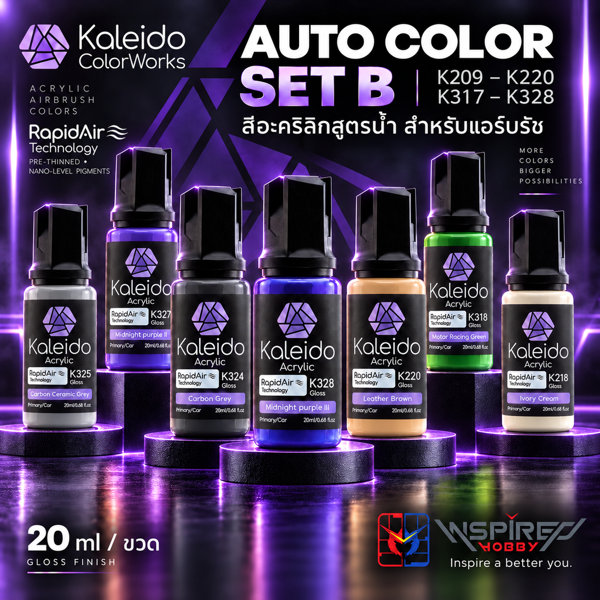 Kaleido ColorWorks สีแอร์บรัชอะคริลิกสูตรน้ำ สำหรับทำสีโมเดล Auto Colors Set B 20ml (24 สี) Kaleido ColorWorks