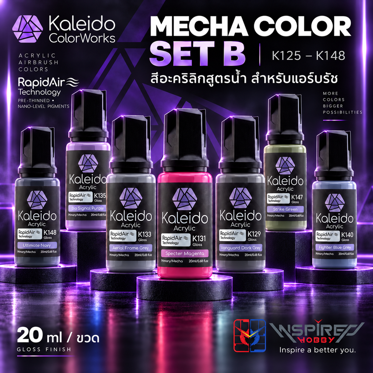 Kaleido ColorWorks สีแอร์บรัชอะคริลิกสูตรน้ำ สำหรับทำสีโมเดล Mecha Colors Set B 20ml (24 สี) Kaleido ColorWorks