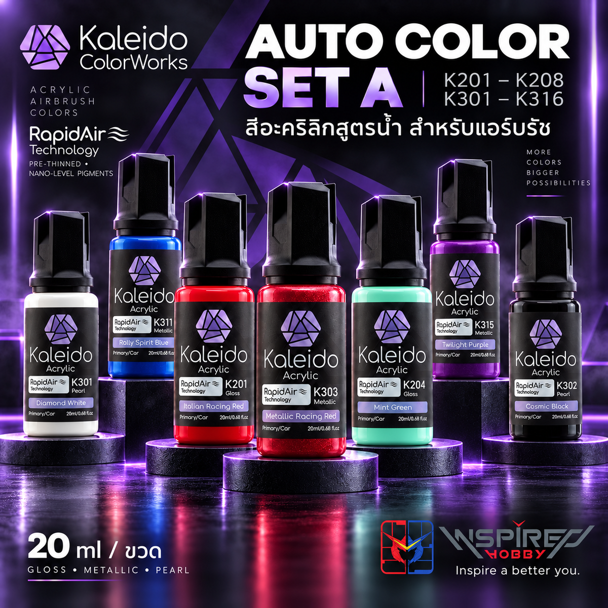 Kaleido ColorWorks สีแอร์บรัชอะคริลิกสูตรน้ำ สำหรับทำสีโมเดล Auto Colors Set A 20ml (24 สี) Kaleido ColorWorks